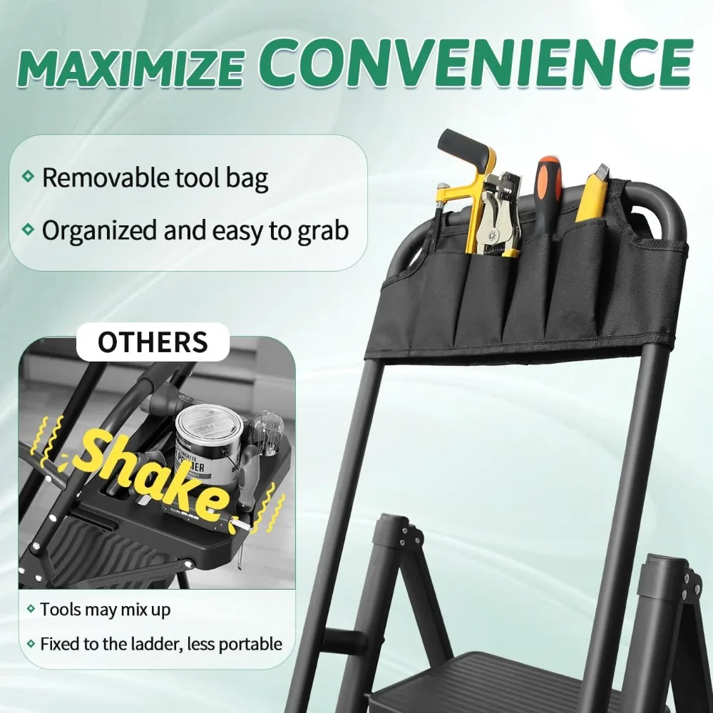 5 Step Folding Ladder with Handrails & Tool Bag, Heavy Duty 330lbs Capacity, Easy Storage Kitchen/Closet Ladder for Adults