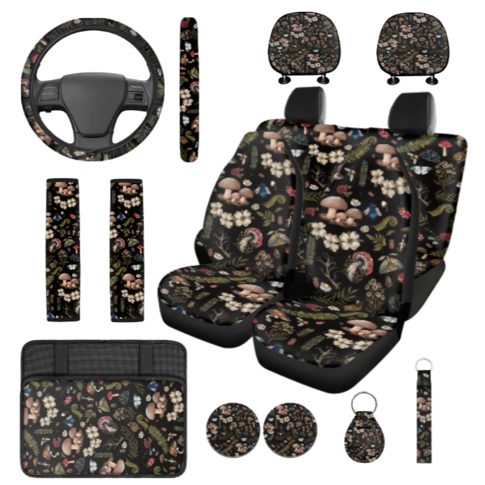Coloranimal Mushroom 14 Pcs Car Seat Covers Sets with Durable Steering Wheel Cover and Cars Headrest Cover for Vehicles