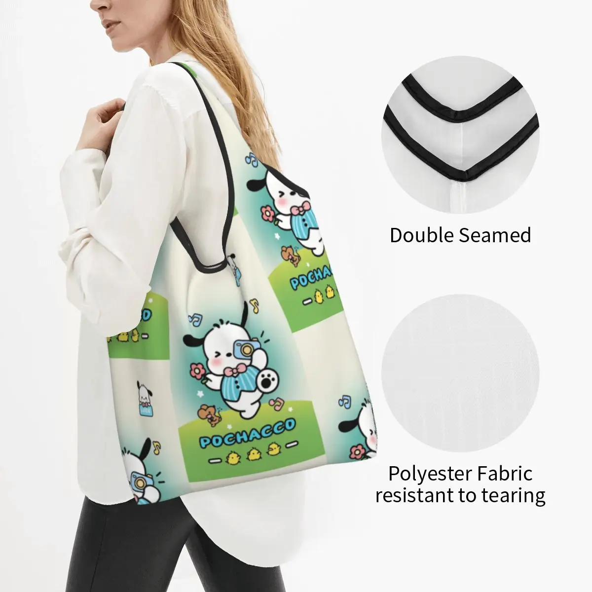 Custom Pochacco Sanrio Cartoon Groceries Shopping Tote Bag Women Kawaii Shoulder Shopper Bag Big Capacity Handbag