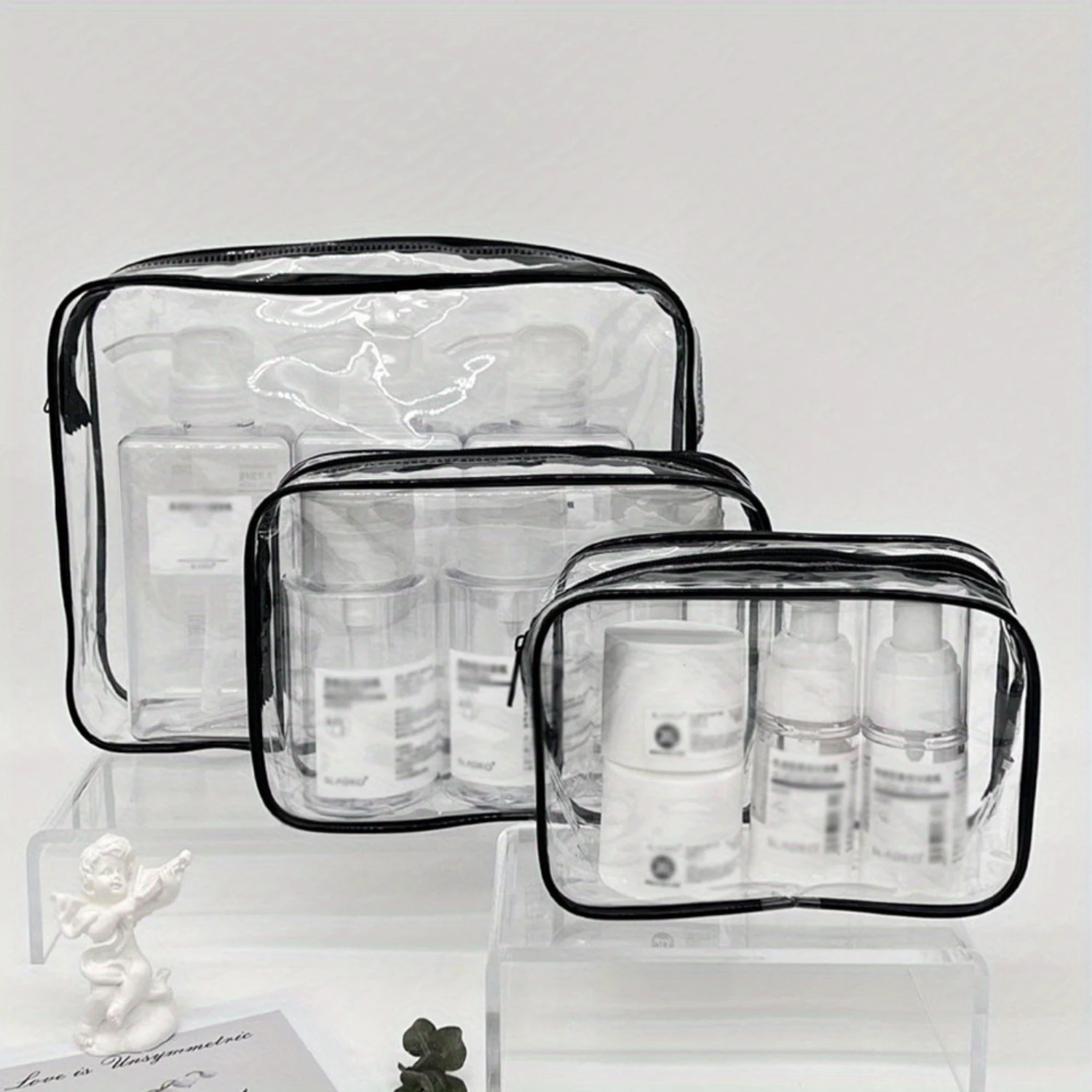 

3pcs/set Simple Transparent Travel Zipper Makeup Pouches, Lightweight Versatile Toiletry Wash Bags For Women