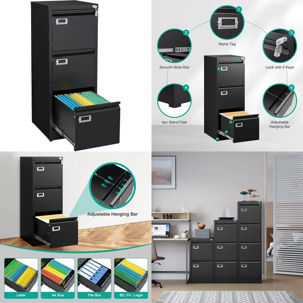 Narrow Vertical Three-Drawer Metal File Cabinet with Lock, Secure Storage for Small Black Filing Needs