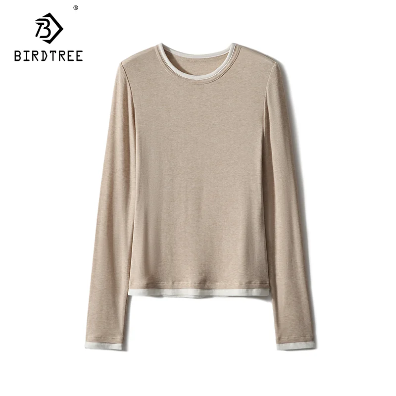 

BirdTree, 16.6%Sheep Wool, Soft Knit T-Shirt For Women, Fake 2Pieces, ONeck, Basics OL Top, 2024 Fall Winter Undershirt T49431QM