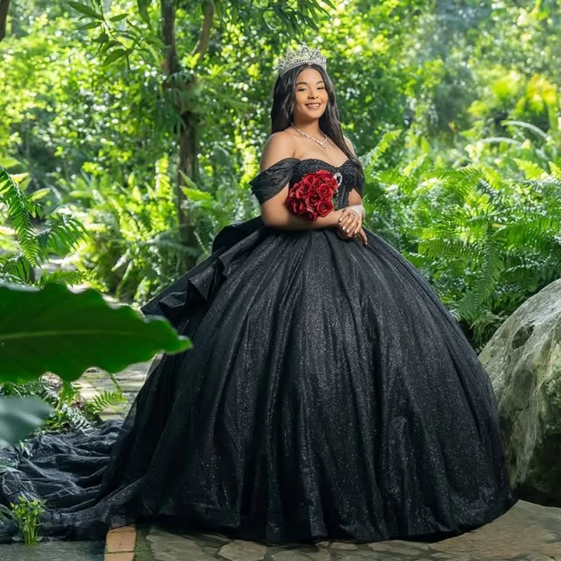 

Customized Shiny Black Quinceanera Dresses Off the Shoulder crystal Long tail layering Bow Vestido 15 Quinceanera