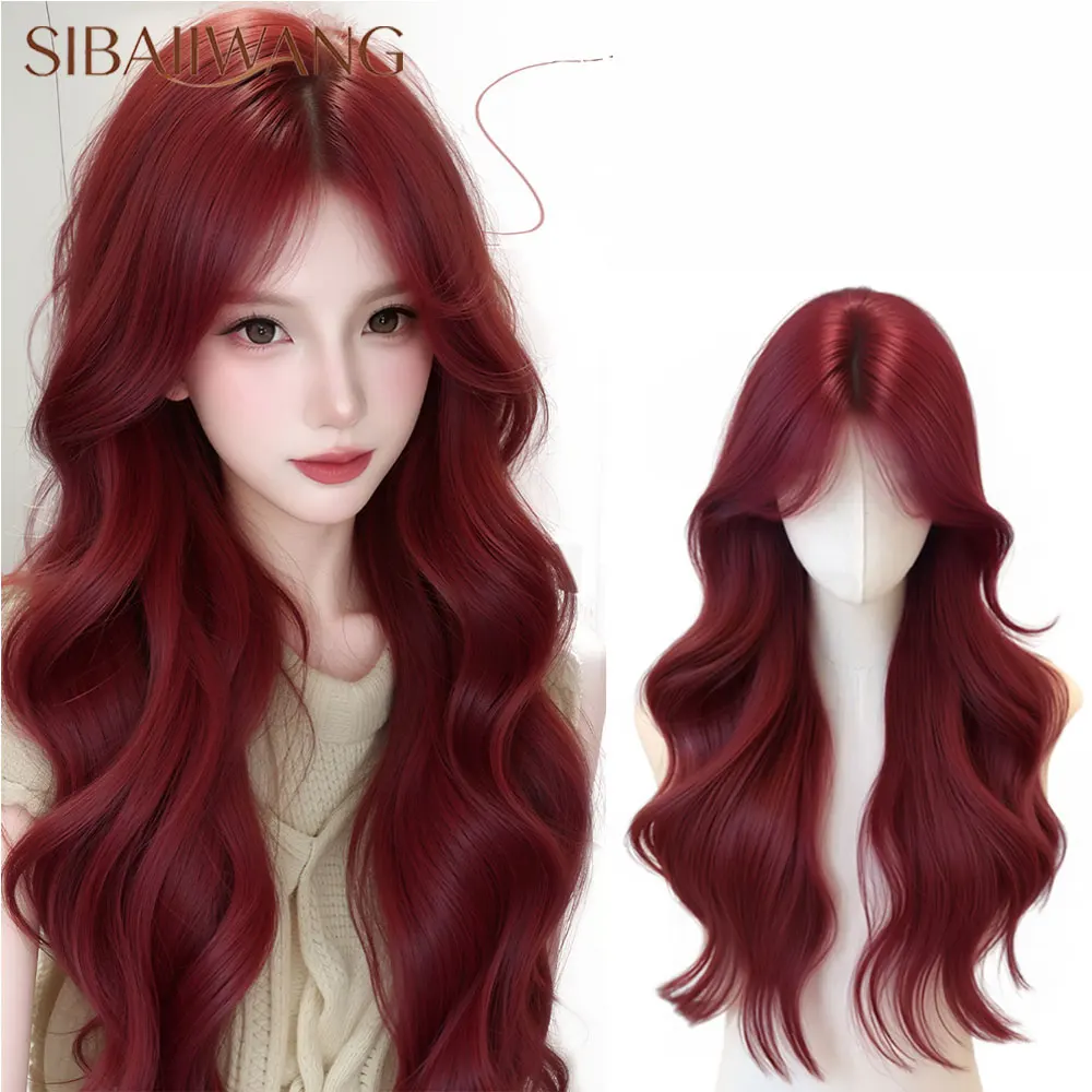 Red Long Body Wavy Synthetic Wig with Bangs Natural Hairline Heat Resistant Smooth Daily Cosplay Party Wig