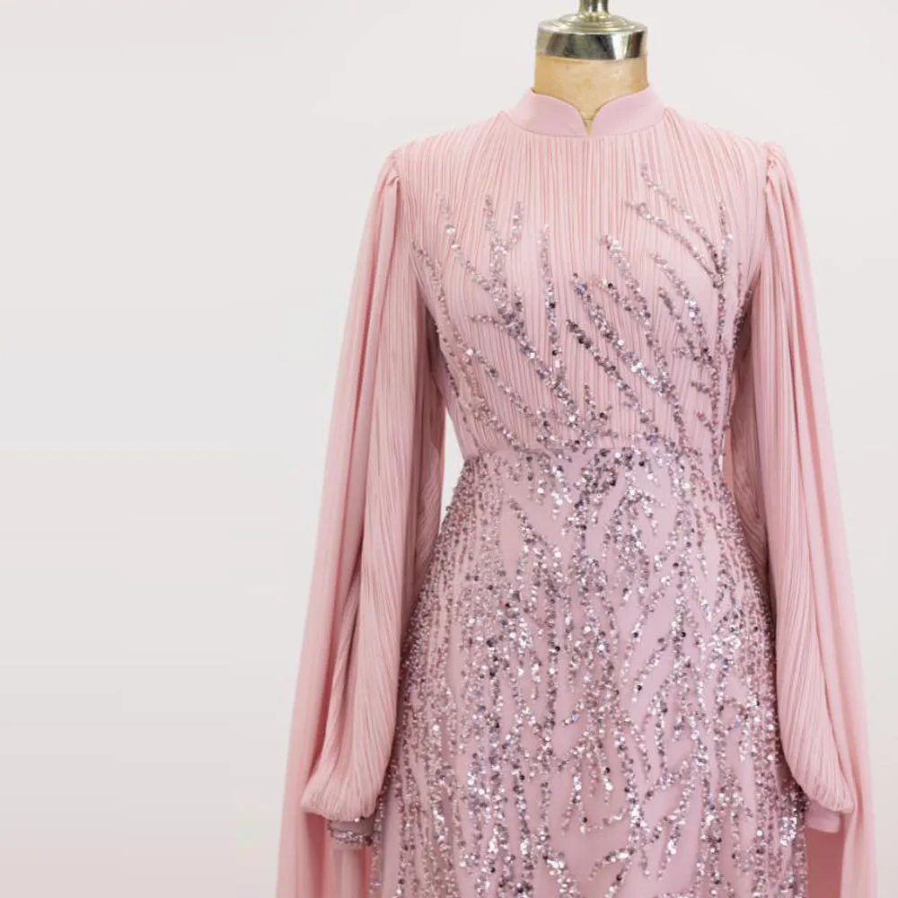 Customized Pink Muslim Evening Dresses Beaded Sequin Formal Gown with Sleeve A Line Chiffon Floor Length Wedding Guest Outfit