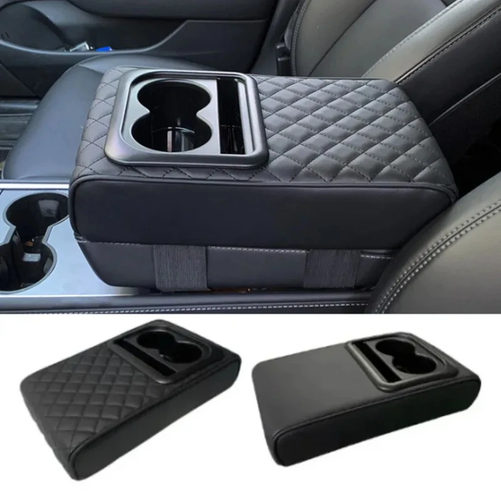 

Auto Center Console Armrest Cushion with 2 Cup Holder PU Leather Armrest Pad Portable Height Increasing Pad Black