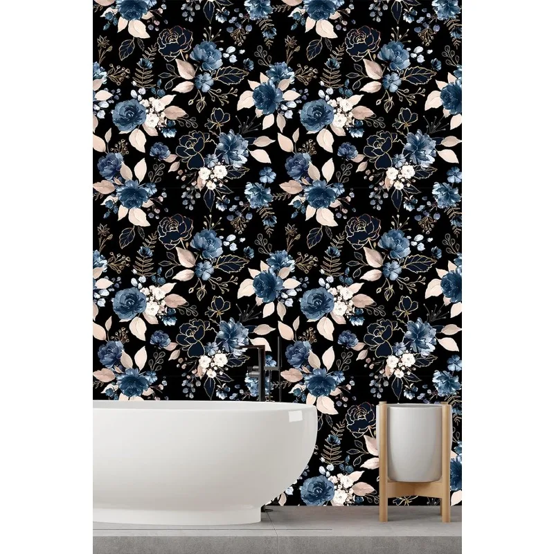 Black and Gold Floral Vintage Peel Stick Wallpaper Flower Art Deco Dark Blue Contact Paper for Cabinets Removable Vinyl