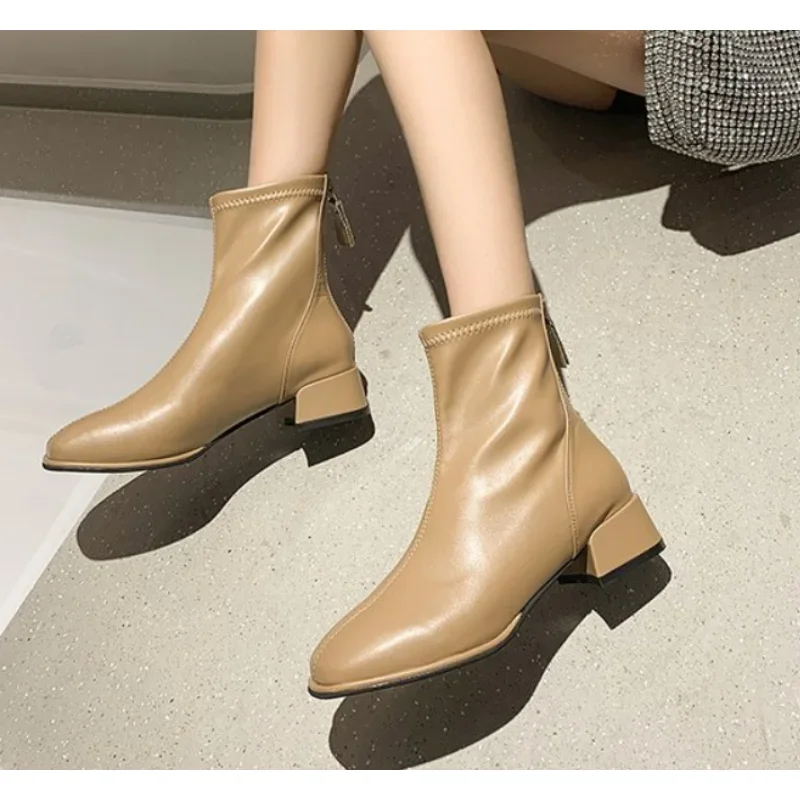 Elastic Socks Boots Fashion Ankle Boots Women High Heel Thicks Heel Square Toe Short Boots Women Retro 2023 New Ladies Shoes