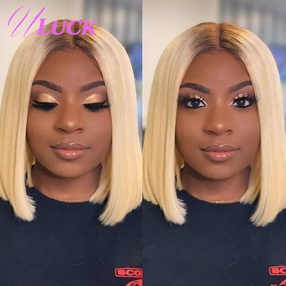 

Uluck Colored Double Drawn Short Straight Bob Wig Human Hair Wigs 613 Blonde 200% Density 13x4 Lace Frontal Wigs For Black Women