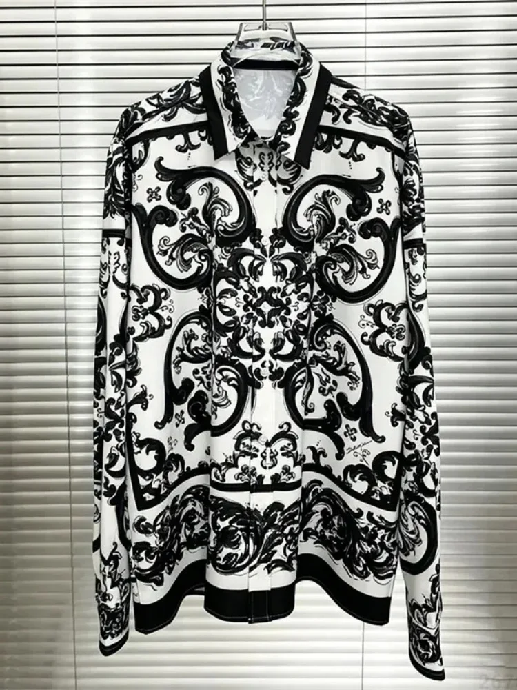 Men's Baroque retro patterned long sleeved shirt with rolled grass full print collar shirt, light luxury party casual men's top