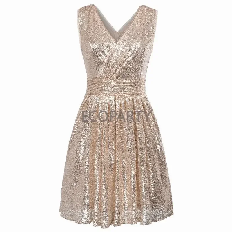 

2023 New Spring Summer Women's Stunning Sequin Short Bridesmaid Dress V-Neck Sleeveless Evening Party Dresses Summer Dress