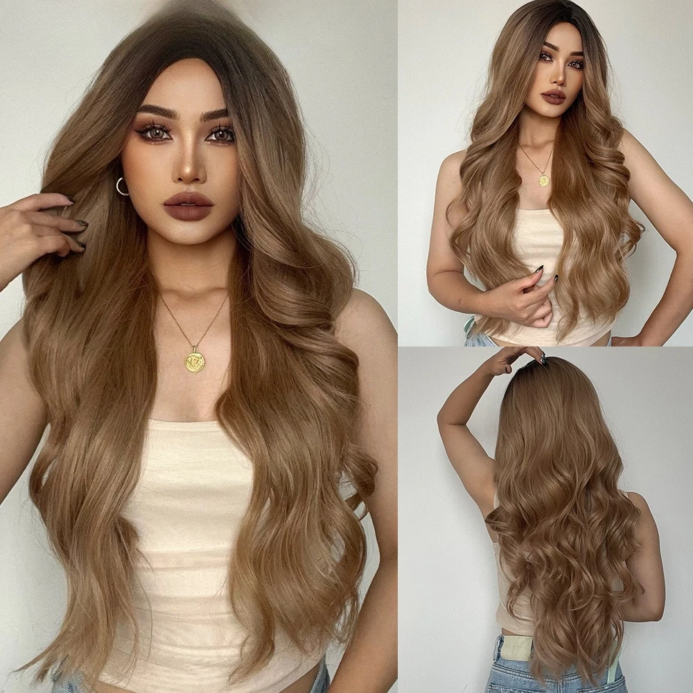 

European and American women wig headgear brown medium gradual change long curly hair chemical fiber high temperature silk headge