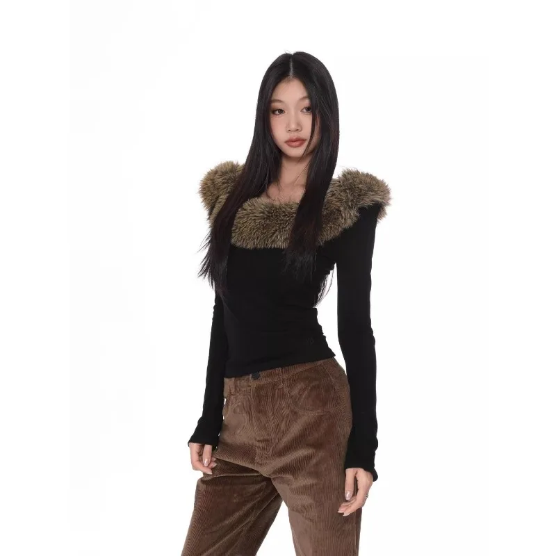 

Осенне-зимний дизайн, нишевый пушистый облегающий топ на одно плечо с длинными рукавами, модный нижний топ для поездок на работу