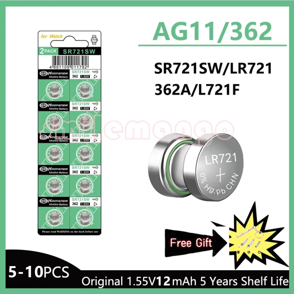 5-10PCS 1.55V AG11 18mAh Button Battery SG11 LR58 SR58 162 361 362 LR721 SR721  SR720 L721F Cell Coin Watch Toys Remote Battery