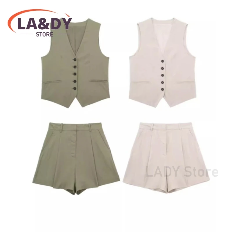 2 Piece Set Woman 2024 Spring Summer Fashion Loose V-Neck Buttons Sleeveless Vest + Solid Color Casual Shorts Suit Female