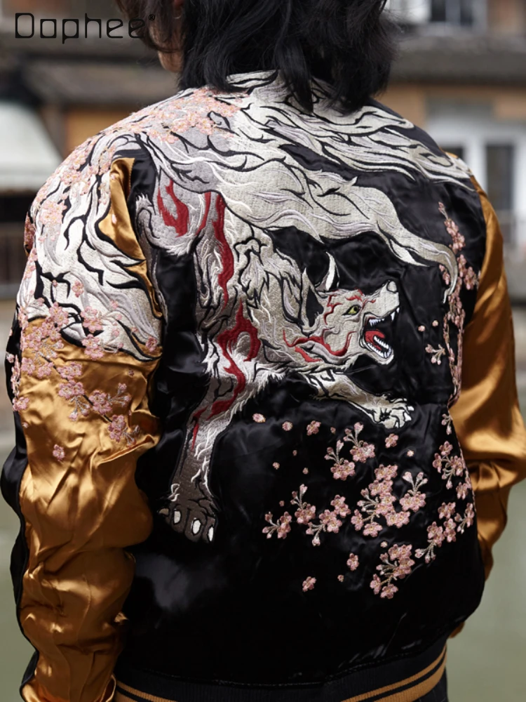 

Woman's Cherry Blossom Nine Tail Fox Embroidery Satin Baseball Coat 2023 Autumn Winter Yokosuka Double-Sided Wear Bomber Jacket