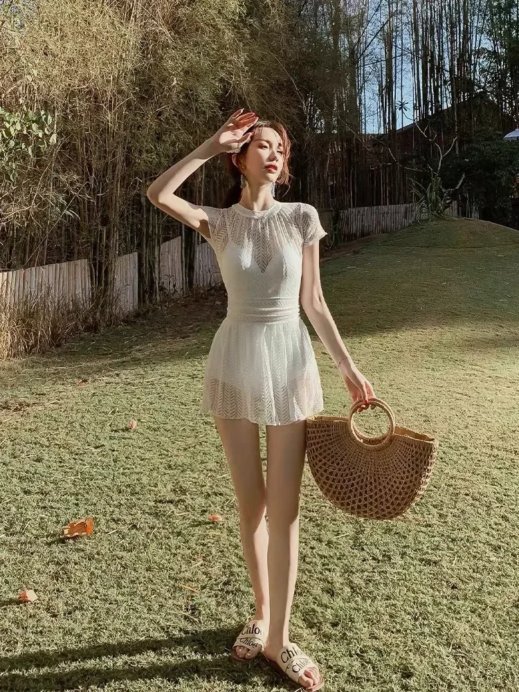 Women's Clothing 2023 Summer New Solid Color Spliced Lace Sexy Thin Fashion Vacation Casual Short Sleeve Swimwear - Image 4