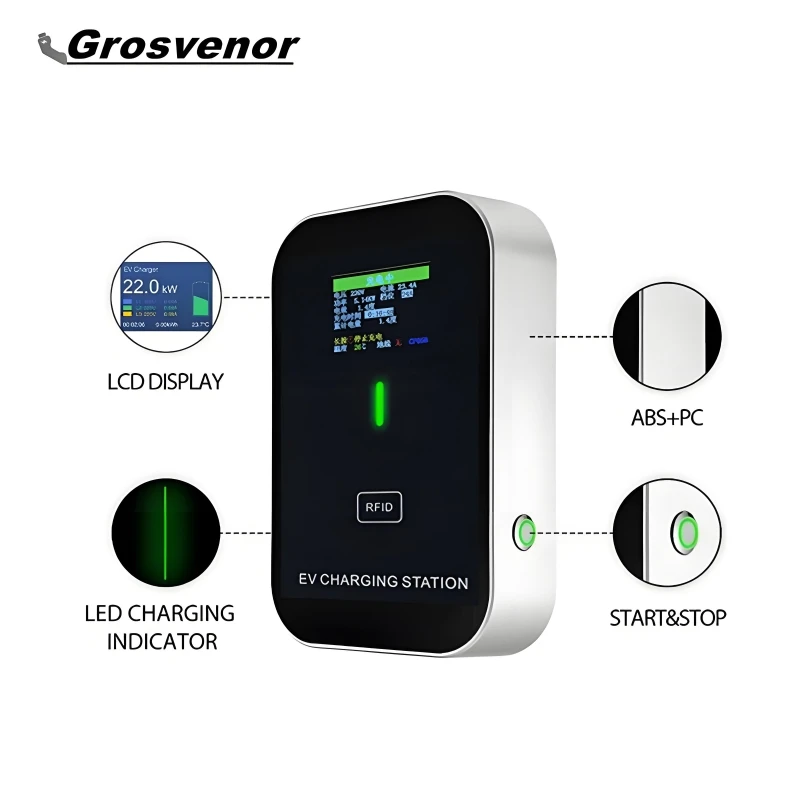 เครื่องชาร์จรถยนต์ไฟฟ้าแบบใหม่ 7KW Type2 32A สถานีชาร์จรถยนต์ไฟฟ้า Type1 GBT EVSE Wallbox เครื่องชาร์จรถยนต์ไฟฟ้าแบบ 1 เฟส พร้อมหน้าจอและบัตร