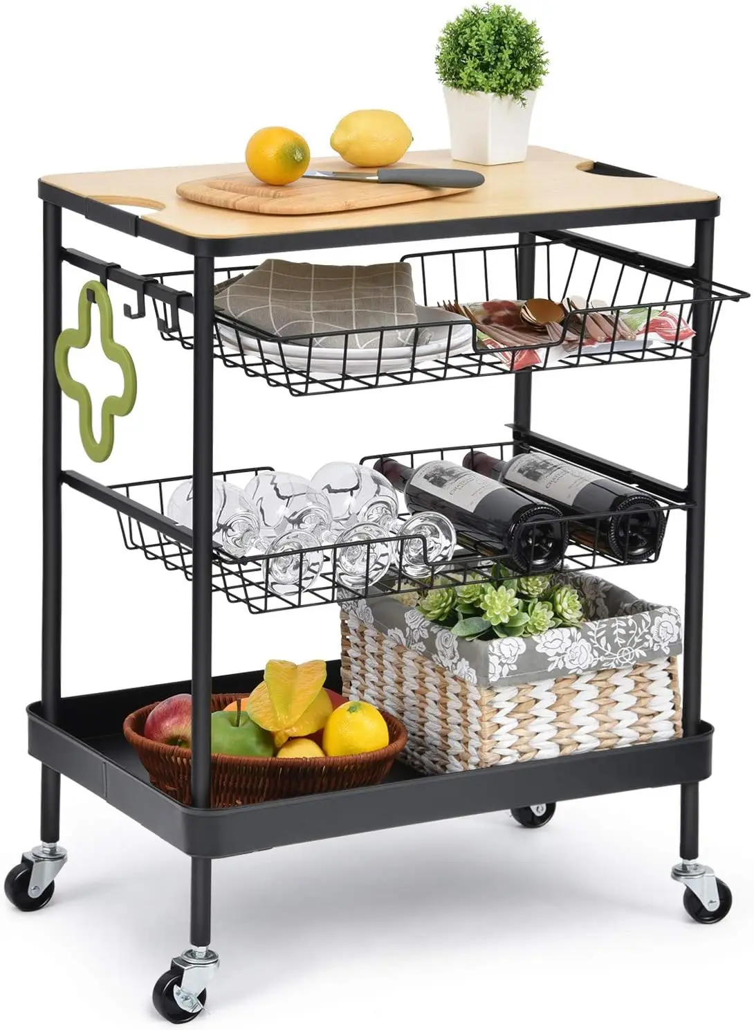 

Kitchen Island Serving Cart With Utility Wood Tabletop, 4-Tier Rolling Storage Cart With 2 Basket Drawers, Kitchen Cart With