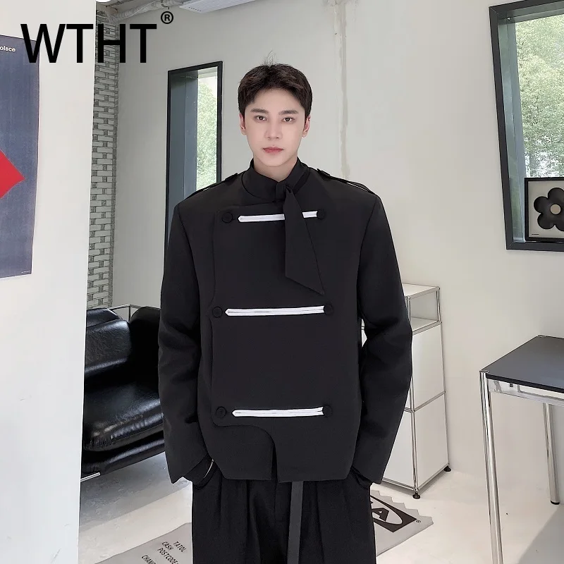 

WTHT Fashion Men's Patchwork Contrast Color Ribbon Coats Trendy 2025 Autumn Stand Collar Long Sleeves Jackets Male 2A1608