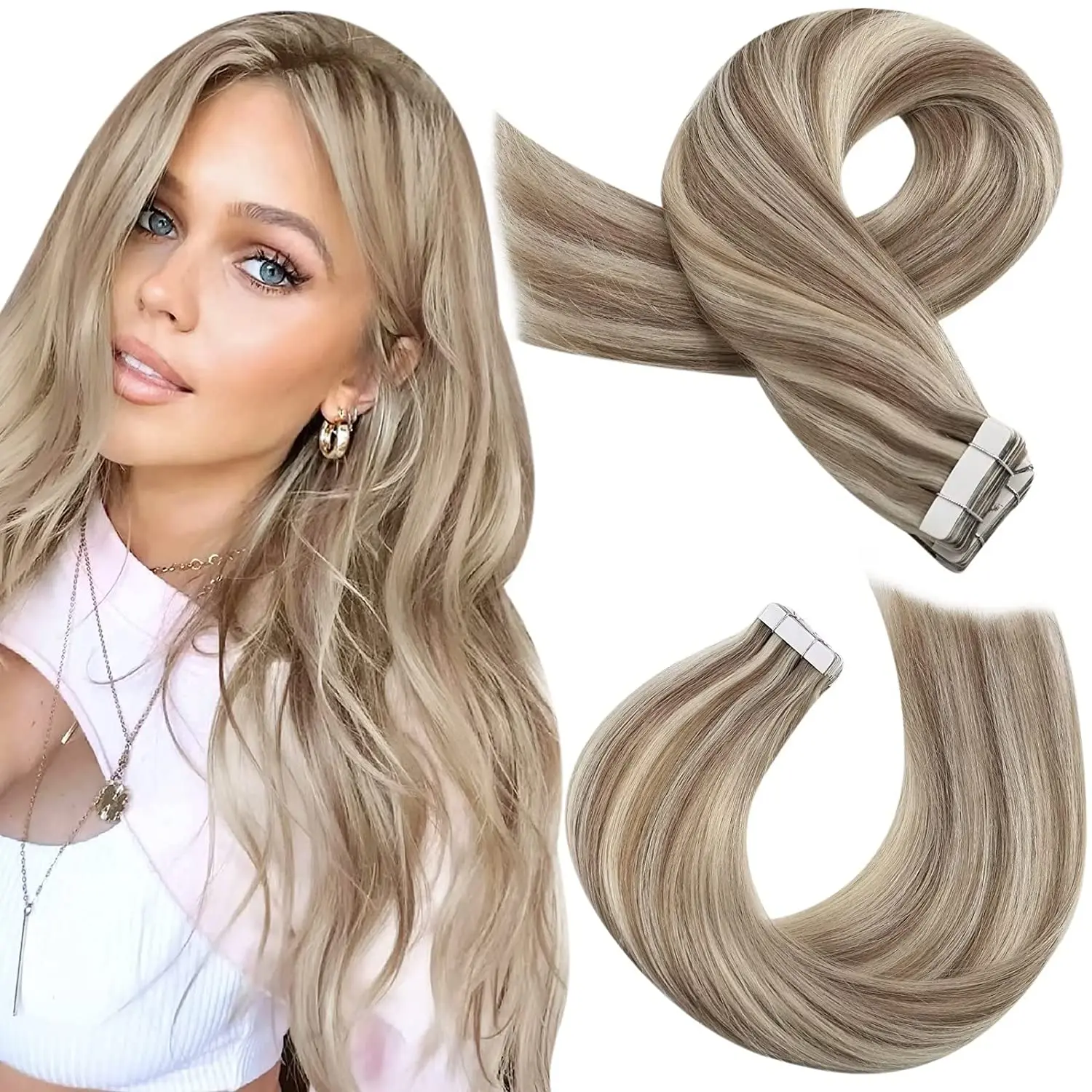 

Moresoo Tape in Real Hair Extensions 100% Human Hair Natural Seamless Tape Hair for Short Hair Remy Extensions 12-24in 30G & 50G