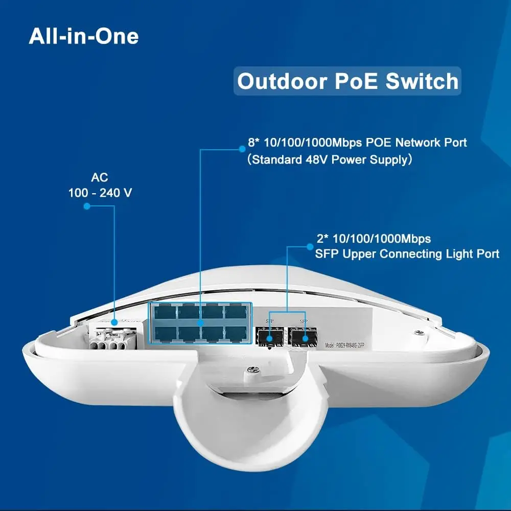 10 Port Outdoor Weatherproof PoE Switch，8*Gigabit PoE Ports，2*SFP，IEEE802.3af/at Compliant，120W，AI Watchdog，All-in-One Box