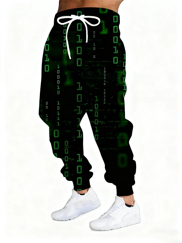 

New Men's 3D Code Print Casual Pants Outdoor Breathable Athletic Pants Stylish Drawstring Streetwear Trousers Mens Cuffed Pants