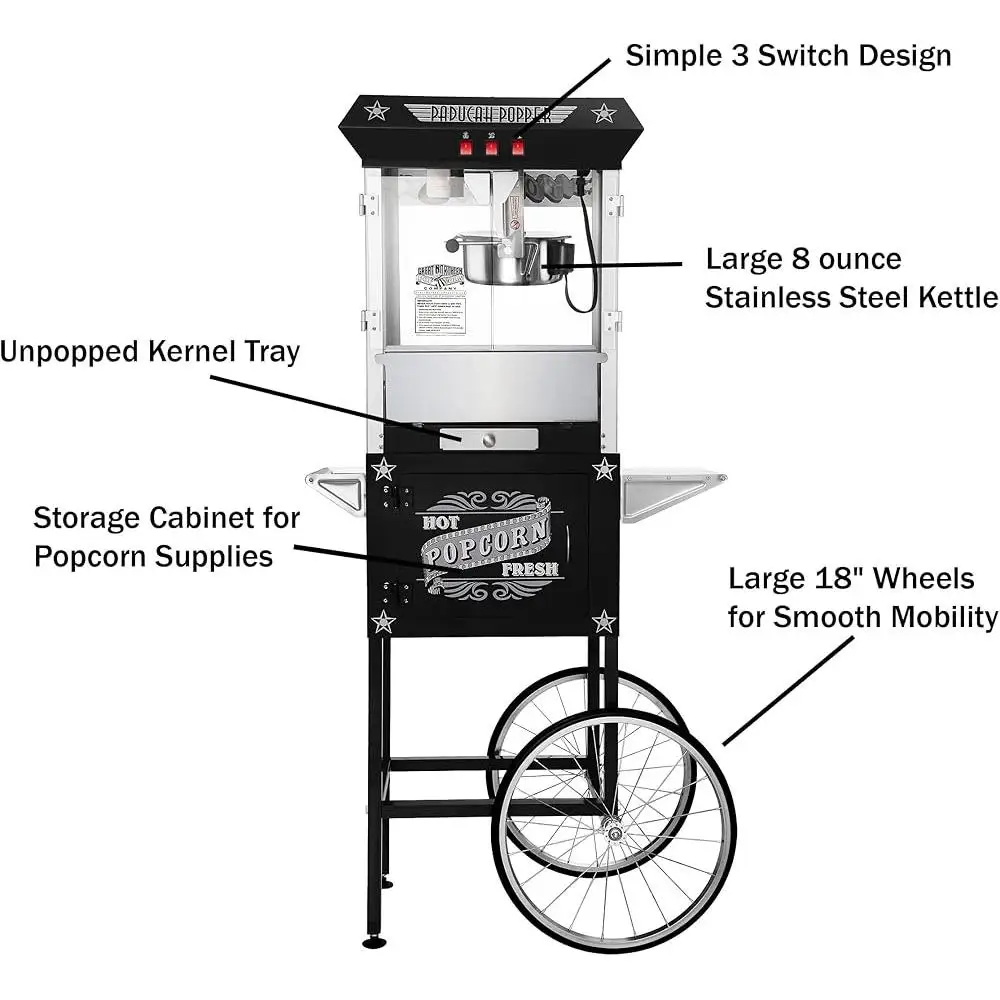 Vintage Popcorn Popper with Cart 8oz Kettle 3 Gallon Fresh Snack Maker Old Maids Drawer Home Events