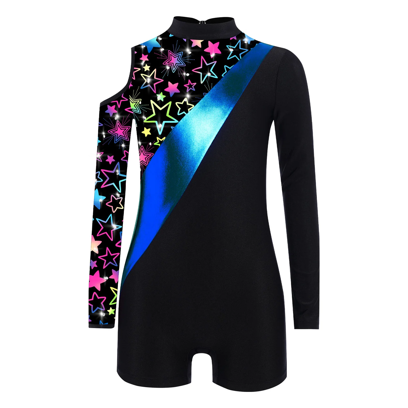 

Kids Girls Ballet Gymnastics Dance Jumpsuit Cold Shoulder Long Sleeve Shiny Rhinestones Stylish Print Patchwork Ballet Leotard