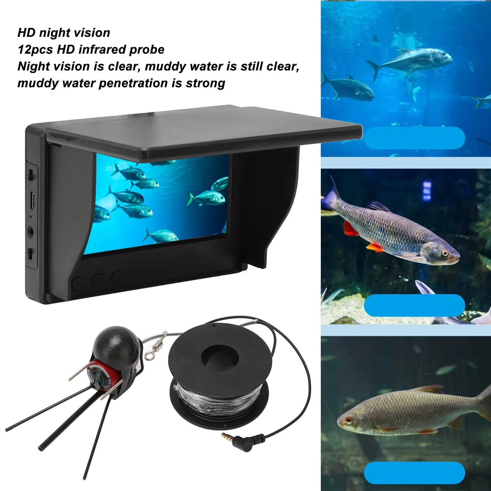 Fish Finder 4.3in TN HD Underwater Fishing Camera IP68 Waterproof Fish Finder with 12 Night Vision Lights for Fishing 100‑240V