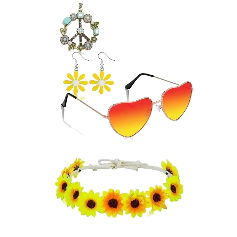 Accessoires Costume Hippie pour femmes, lunettes soleil Hippie, boucles d'oreilles à fleurs, bandeau