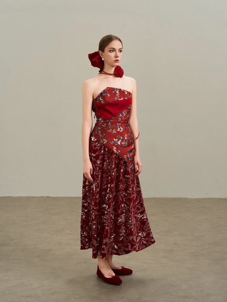 

Красная бархатная юбка с пайетками, длинная, два варианта ношения, для свадеб и банкетов, с завышенной талией, на молнии, для выступлений и вечеринок