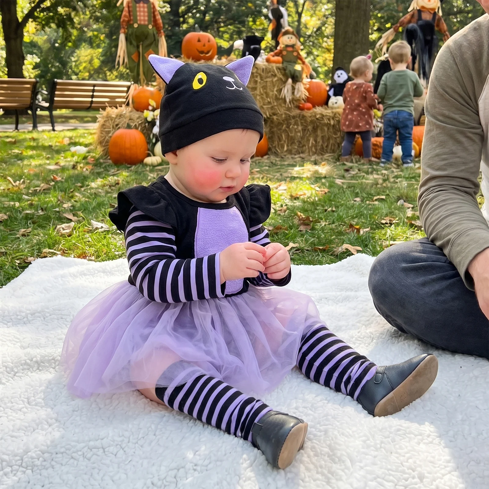 0-18M Baby Girls Black Cat Costume Fashion Halloween Long Striped Sleeve Romper Dress with Hat, Stockings 3Pcs Outfit