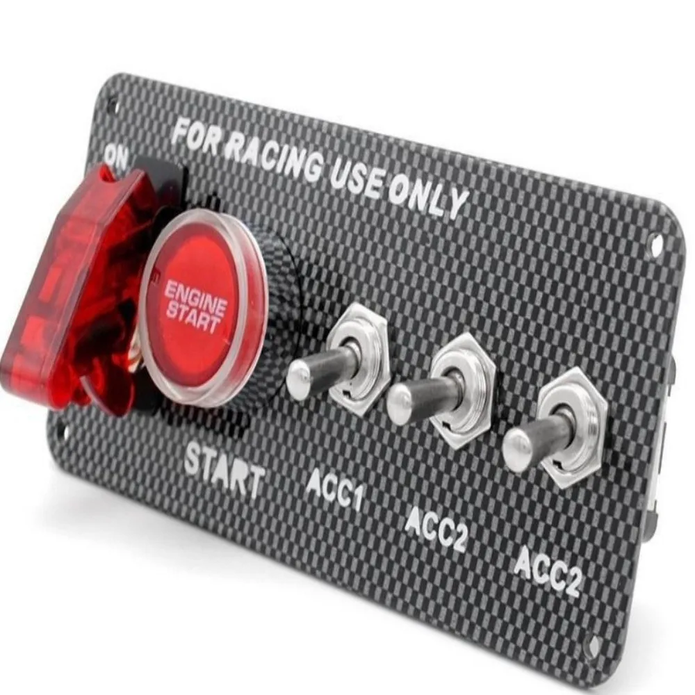 12V DC Racing Ignition Switch Panel LED Illuminated Carbon Fiber 12V Ignition Control Panel Aluminum Housing Universal Fit
