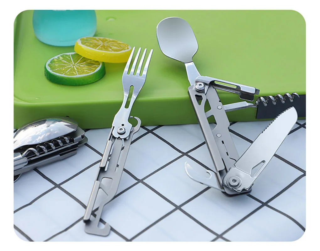 Outdoor Camping Folding Tableware, Stainless Steel, Multifunctional Dinner Knife, Portable Knife, Fork, Spoon, Travel Fold Knife