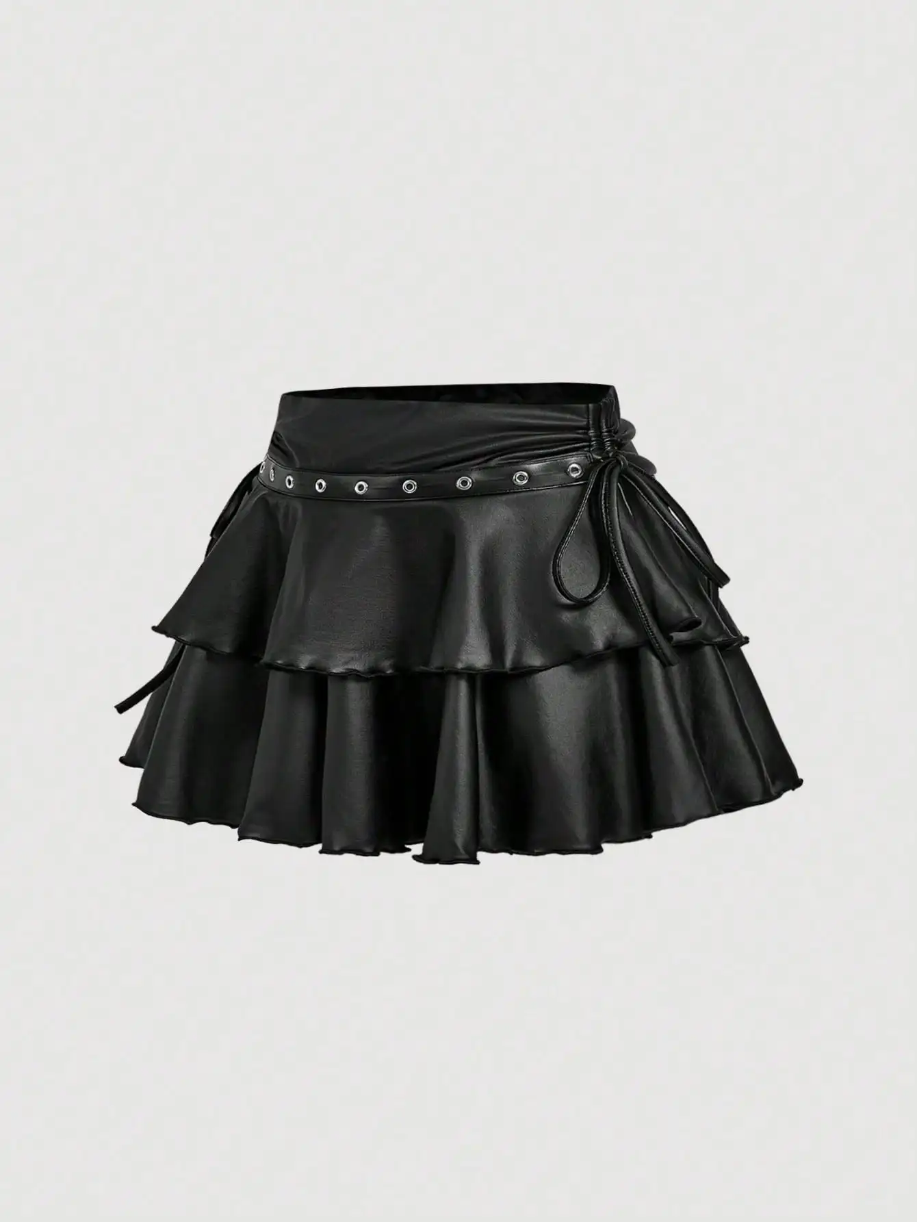 Black PU Drawstring Tie-Knot Skirt, Double Layer Ruffle Cake Mini, Goth 90s Y2K Autumn Party Festival Skirt for Women