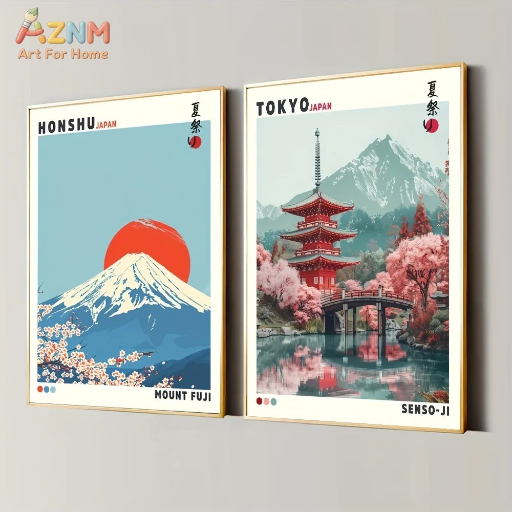 AZNM Impresión en lienzo de viaje a Japón, color verde azulado y rosa, sin marco, Monte Fuji y templo Senso-ji, arte de pared minimalista, flor de cerezo japonesa, decoración para el hogar