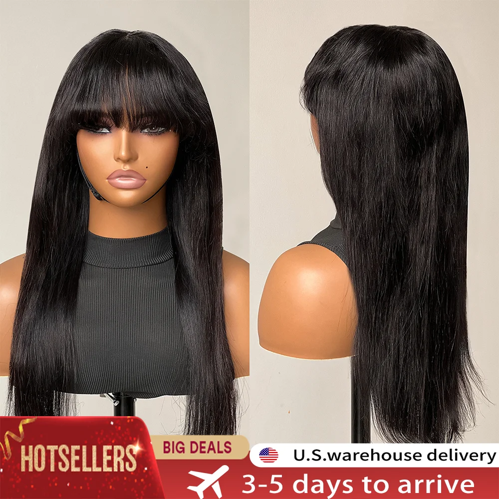 

Прямые натуральные волосы с челкой для женщин, 34 дюйма, бразильские парики 3x1 с кружевом, без клея, натуральный черный цвет