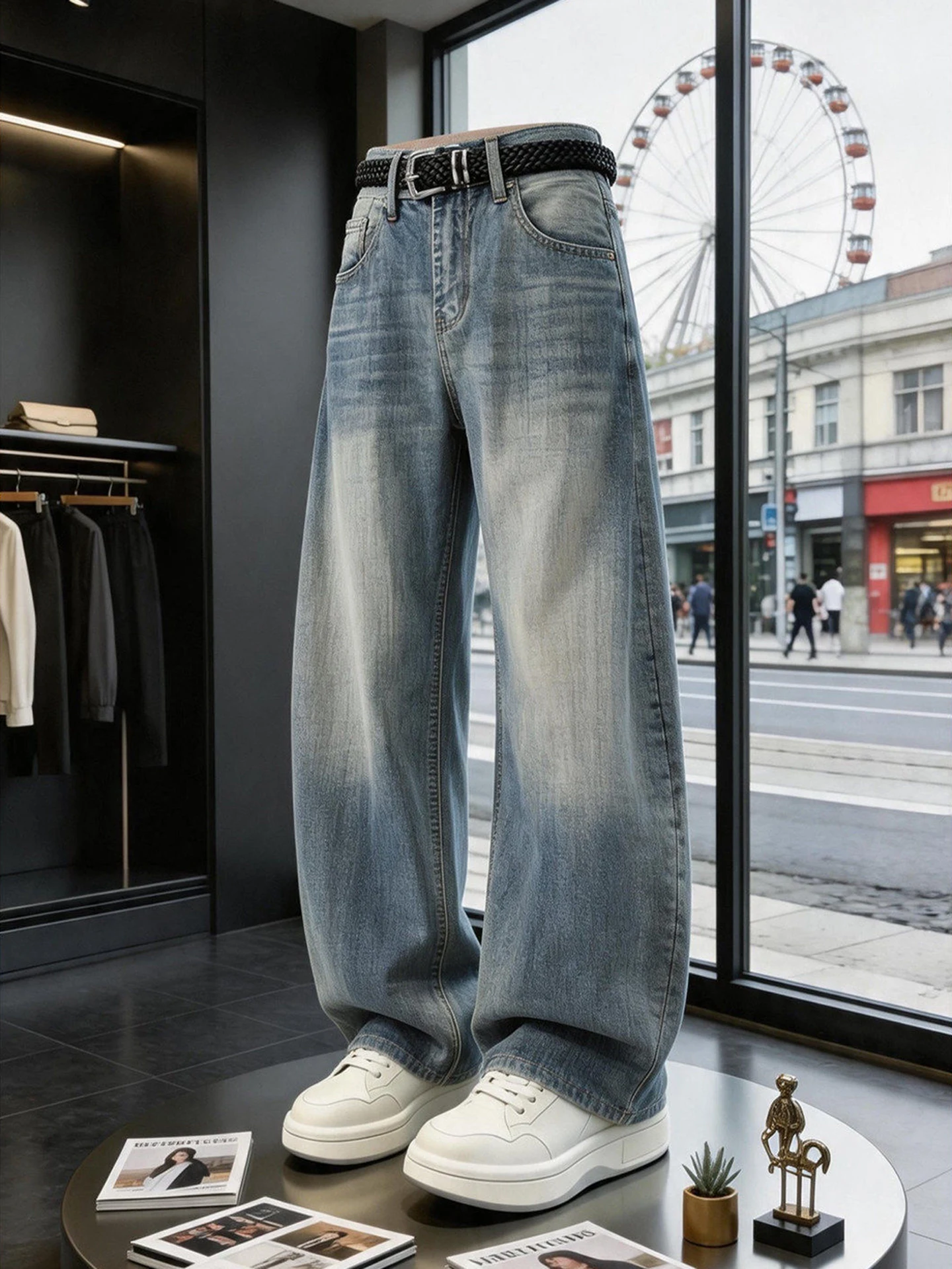 

Blue Denim Straight Leg Jeans Men's American High Street Washed Old Straight Tube Wide Leg Cleanfit Trousers Bamboo Node Pattern