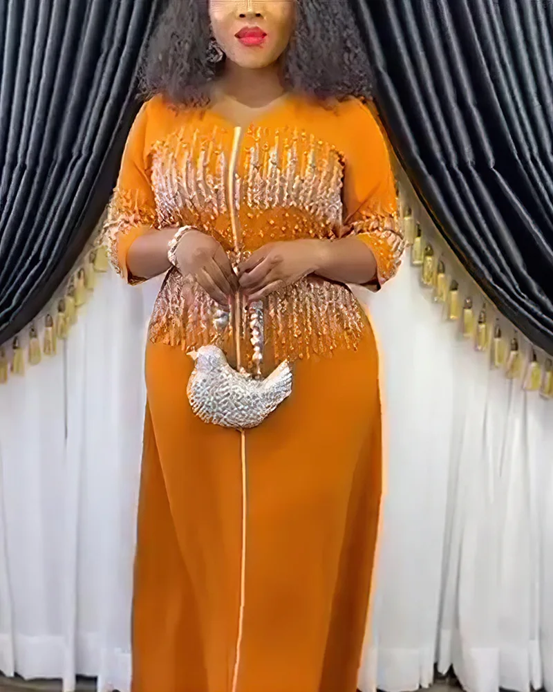 

Elegant Beading Robe African Dresses For Women 2025 Bazin Riche Original Abaya Turkey African Clothes O Neck Zipper Maxi