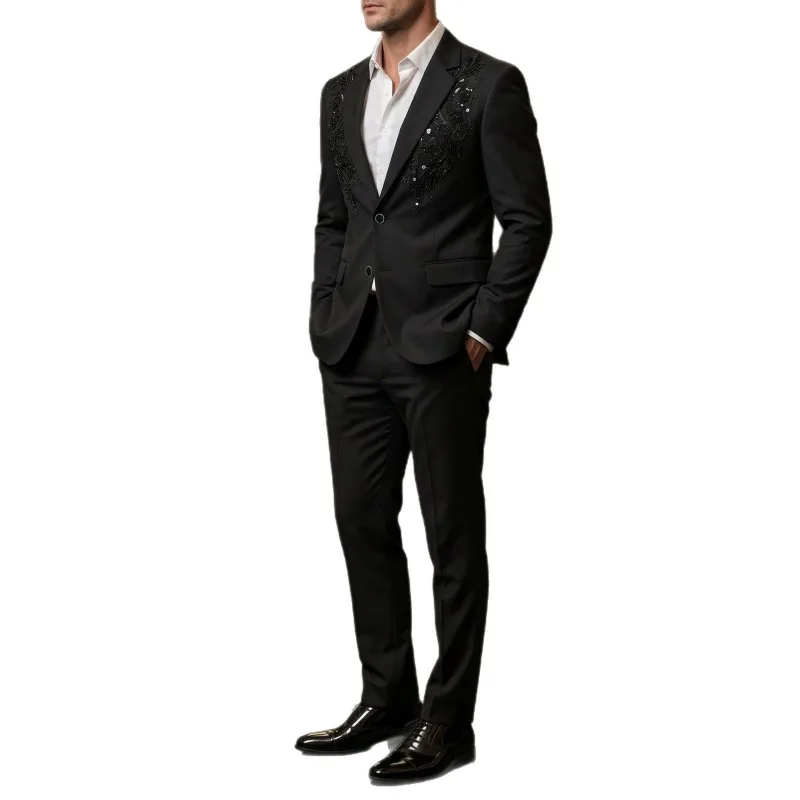 KIDWHXR Man Suit Outfit Slim Sequins Single-breasted Men Straight-leg Pant Male Thin Comfortable Wedding Banquet 2-piece Set