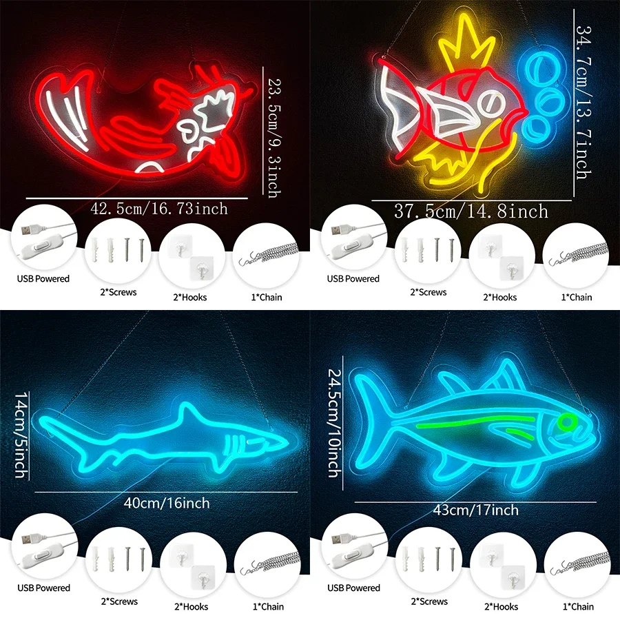 Used For Decor In Game Rooms, Fishing Equipment Stores And Clubs，Fish Series Neon Signs, Shark And Goldfish Personality Icons