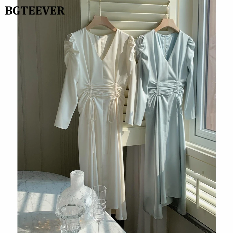 Bgteever primavera com decote em v fino rendas feminino a linha vestido elegante manga longa ruch cintura feminino vestido de comprimento médio