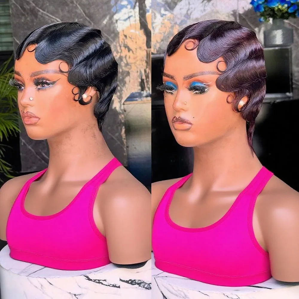 

Парик Ocean Finger Waves Curly Pixie Cut без кружевной основы, волнистый короткий боб из натуральных волос для женщин, безклеевой, с предварительно проработанной линией роста волос