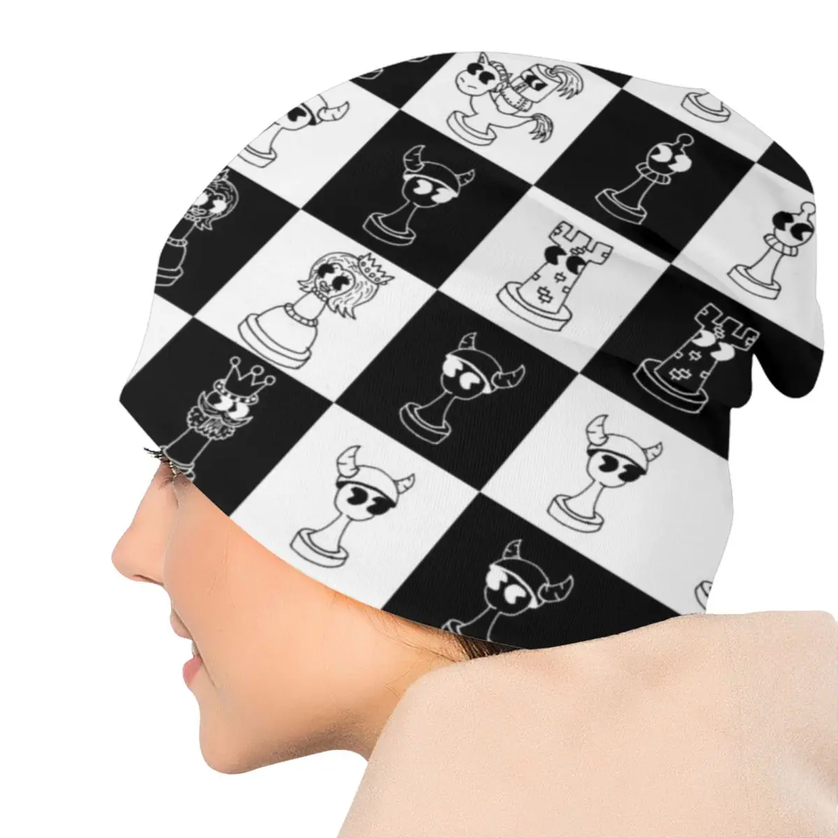 Chess Club Seven Skullies Beanies Caps Hip Hop Winter Warm  Knitting Hat Unisex Adult Chessboard Game Chess Piece Bonnet Hats