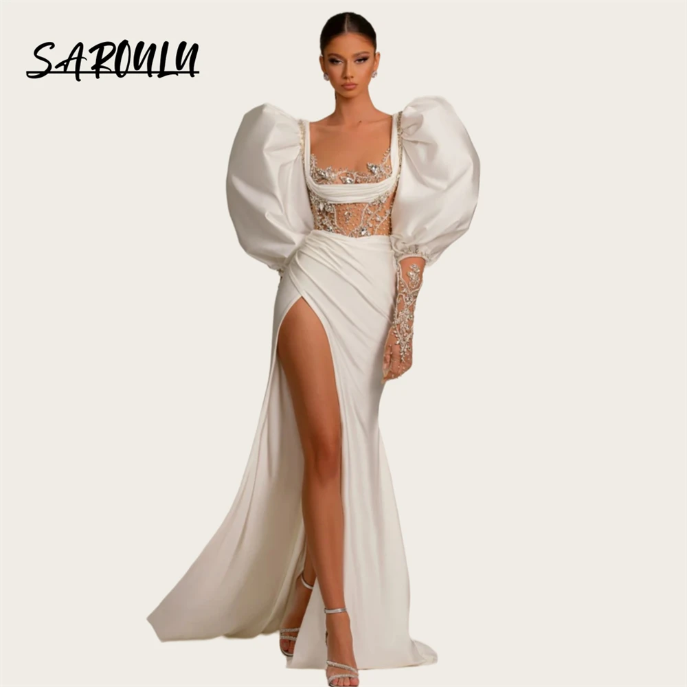 

Ivory Puff Sleeves Sexy Long Evening Dress For Women 2024 Illusion Beaded Long Sleeves Prom Dresses With High Slit Party Gown