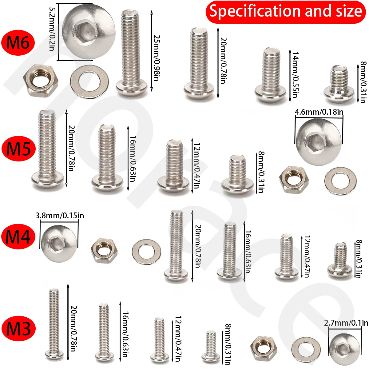 700 PCS Stainless Steel Hexagon Nut and Bolt Combo Set - Round Cup M3, M4, M5, M6 Hex Head - Round Head Bolt - Includes Flat Was