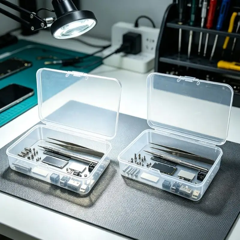 Flip-Top Small Item Storage Case Container in Clear PP Plastic with an Open Interior and Single Front Latches Closure D2RD