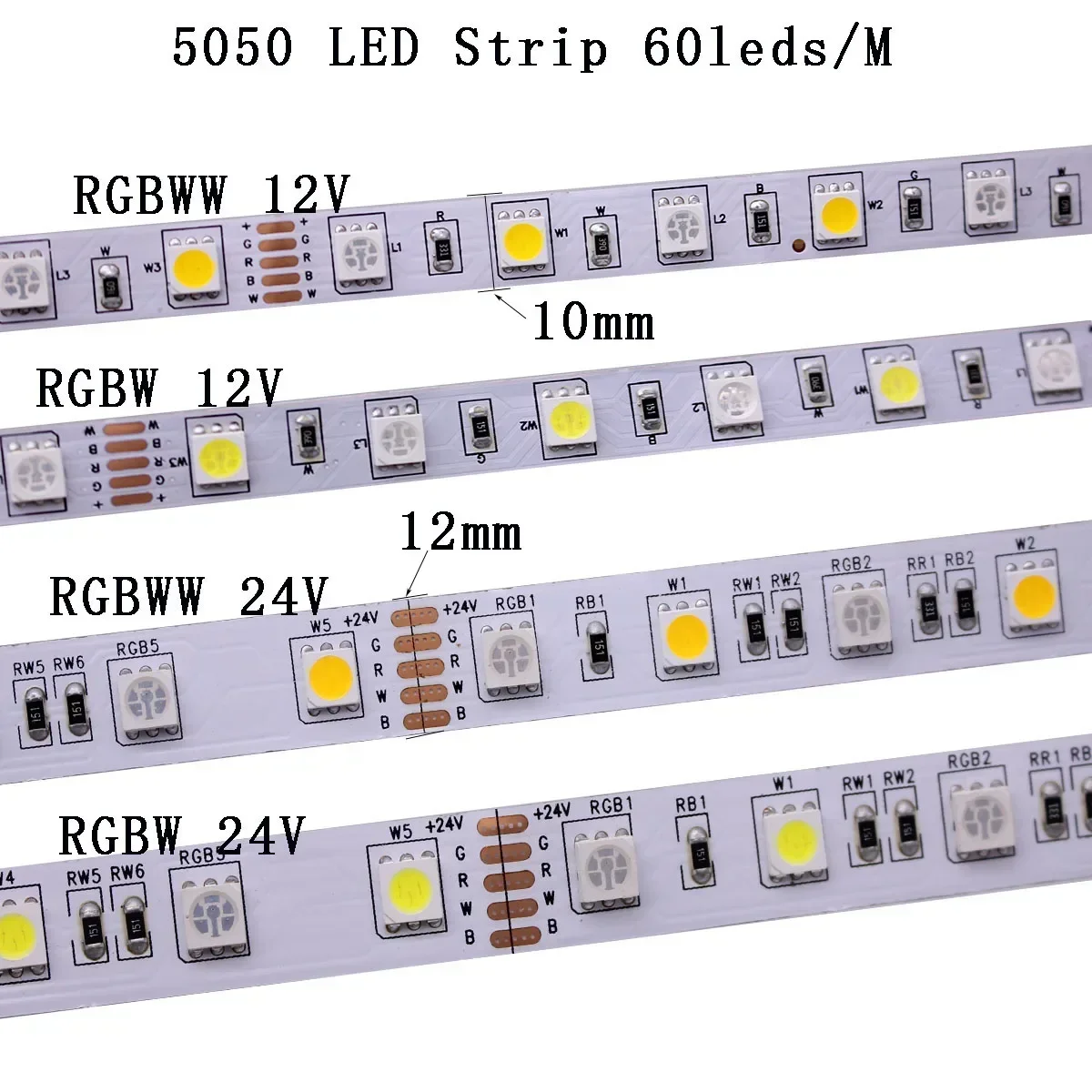 Tira de luces LED RGB, cinta Flexible de 12V, 24V, 5M, 5050, 60/120LEDs/m, CCT NW, 4000K, 5025, RGBW, blanco