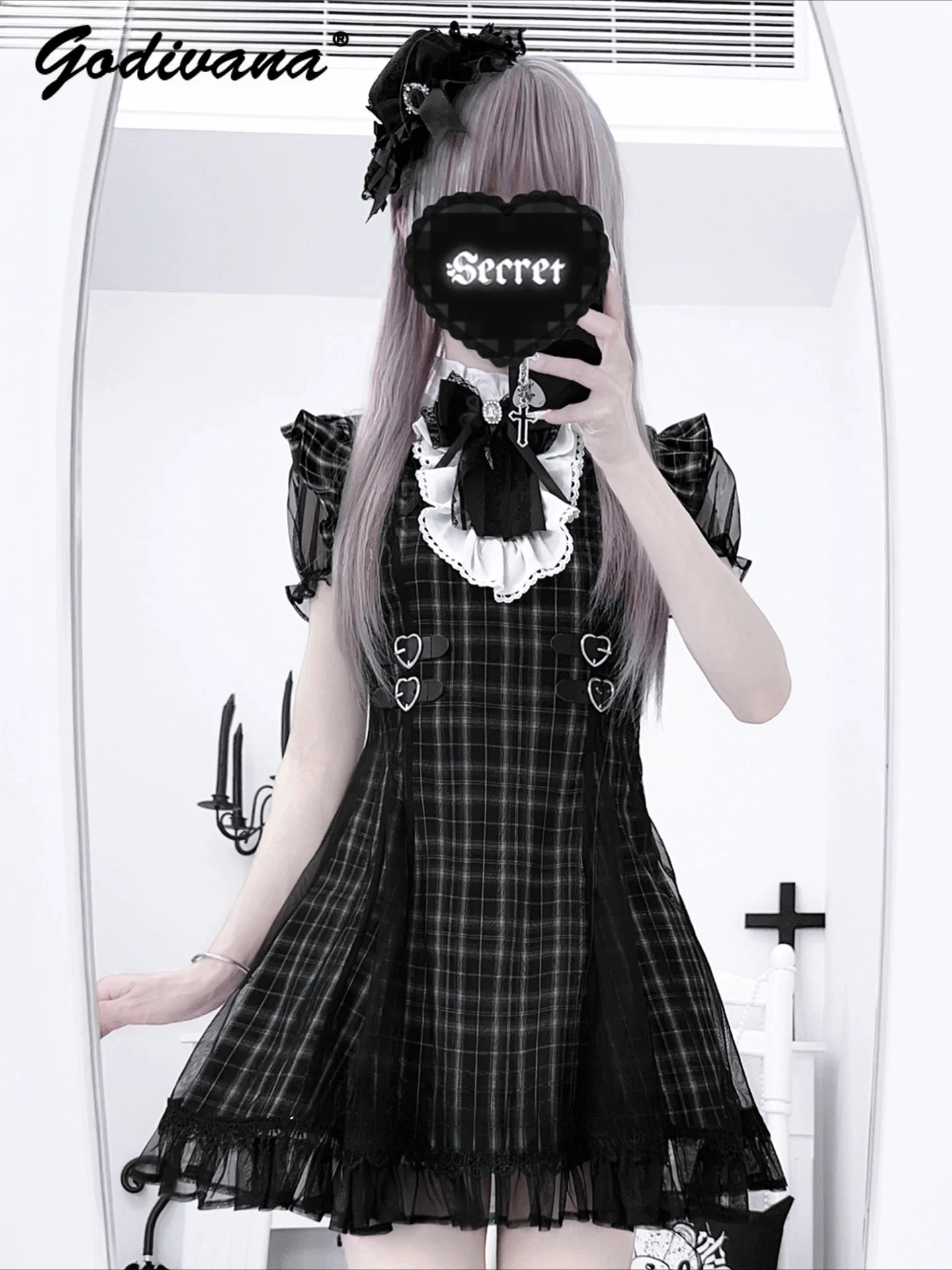 Original nueva subcultura niñas encaje empalmado manga corta ajustado vestido a cuadros mujeres lindo arco ajustado Jk vestidos cortos